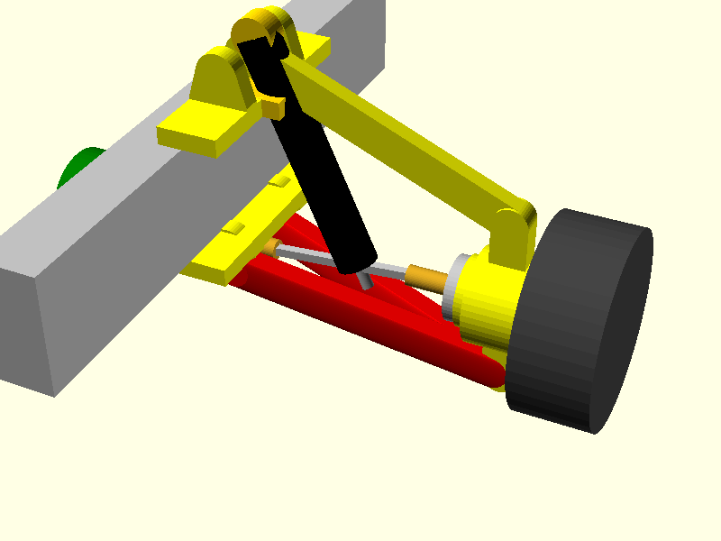 CAD render of a full suspension corner: hub carrier, wheel, upper link, shock, and driveline